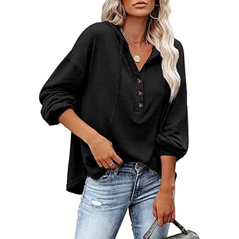 HESUUIO Damen Pullover Hoodie V-Ausschnitt Kapuzenpullover Damen Knopfleiste Ausschnitt Langarm Pullover Sweatshirt Cover
