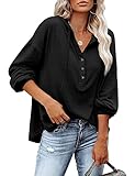 HESUUIO Damen Pullover Hoodie V-Ausschnitt Kapuzenpullover Damen Knopfleiste Ausschnitt Langarm Pullover Sweatshirt mit Kapuze Lose Casual Oberteil Tops Schwarz, XXL