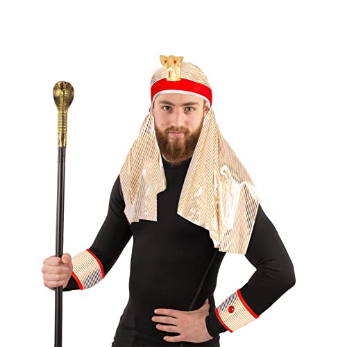Tigerdoe Egyptian Costume - 3 Pc Set - Pharaoh Hat, Cuffs, Cobra King Cane - Pharaoh Costume (3 Piece Pharoah Set- Red and Gold), 3 Piece Pharoah Set- Red and Gold, One size