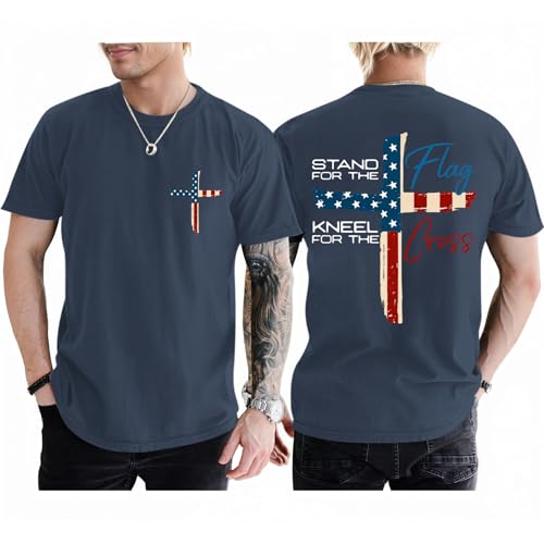 Tuislay Mens Christian Stand for The Flag Kneel for The Cross Shirt American Flag 4th of July Jesus Faith Religious T Shirts(Navy Blue,XL)