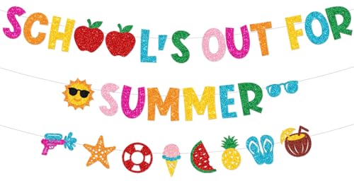 Glittery School s Out for Summer Banner, Happy Last Day of School Hello Summer Holidays Party Supplies, End of School Year Garland Banner Beach Pool Party Fireplace Mantle Decorations