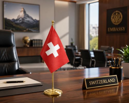 Image of The Flag Company Gold Acrylic Pole with Round Base | Desk Flag for Office, Reception & Home Decor (Switzerland)