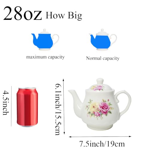Image of Porcelain Teapot, Ceramic White Teapot With Floral Coffee Tea Water Pot Vintage Ceramic Kettle (28oz)