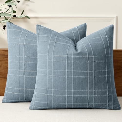 Image of MIULEE Decorative Linen Check Throw Pillow Covers Neutral Farmhouse Vintage Pillow Covers 18x18 Set of 2 Boho Modern Home Decor for Sofa Couch Bedroom Cushion Blue Grey