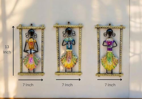Image of SHREE 'O' GREEN TECH - Multicolor Metal Iron Musician Wall Hanging Showpiece Frame Handcrafted Rajasthani Lady Figurine Decorative Wall Mount Art for Home, Living Room Office Decor