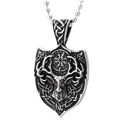 COOLSTEELANDBEYOND Men's Stainless Steel Stag Head Shield Necklace, Viking Vegvisir Compass Pendant, Celtic Knotwork Jewelry, Rugged Nordic Totem Gift for Him