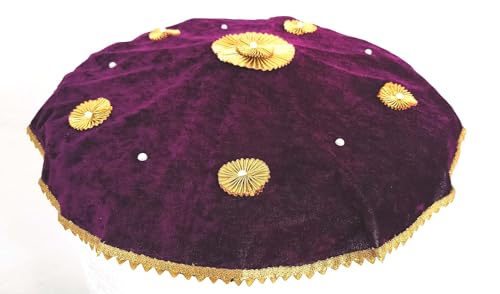 Indian Puja Thali Velvet Fabric Wine Color and Golden Lace Work Thali Cover Multipurpose Prasad Thali Cover Wedding Ceremony Decoration Puja Table Chowki Assan,Kharwachuth Thali Cover, Red