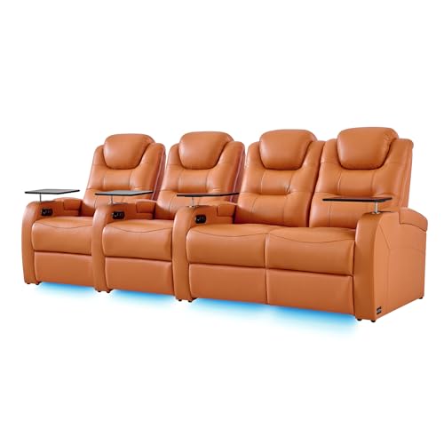 comfiroom Leather Home Theater Seating, Simple Style Dual Power Electric Headrest Game Seats Movie Theater Chairs Top Grain Leather Recliner Sofa (Orange, Row of 4 Loveseat Right)