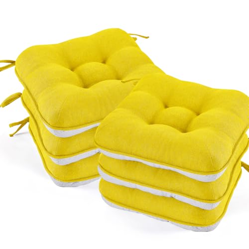 BETU Chair Cushions for Dining Chairs Set of 6,3.5" Thick Kitchen Table Chair Pads with Ties,Non Slip Backing and Covers, Seat Cushion for Dining Room,Bar,Patio Chairs,15.5"X15.5"X3.5",Gold