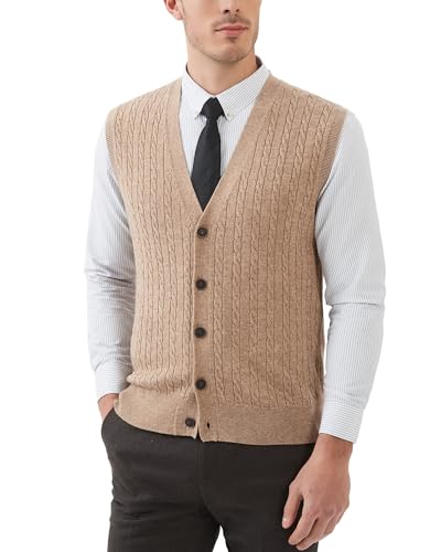 Kallspin Mens Cable Knit Sweater Vest Wool Blend V Neck Button Down Sleeveless Cardigan Vest(Coffee, X-Large)