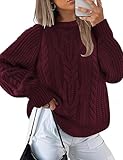 LOMON Sweaters for Women Chunky Pullover Cable Knit Oversized Crew Neck Long Sleeve Fashion Trendy Top Ladies Loose Fit Casual Fall Winter Sweater Wine Red