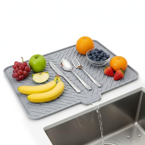 Image of Silicone Dish Drying Mat for Kitchen, Drying Mat for Kitchen Utensils Large 40x30cm with Built-in Drain Lip, BPA-Free Heat Resistant Dish Drying Mat for Countertop & Sink Area (Grey)