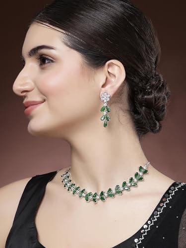 Image of Karatcart Silver Tone Green American Diamond Studded Necklace Set for Women