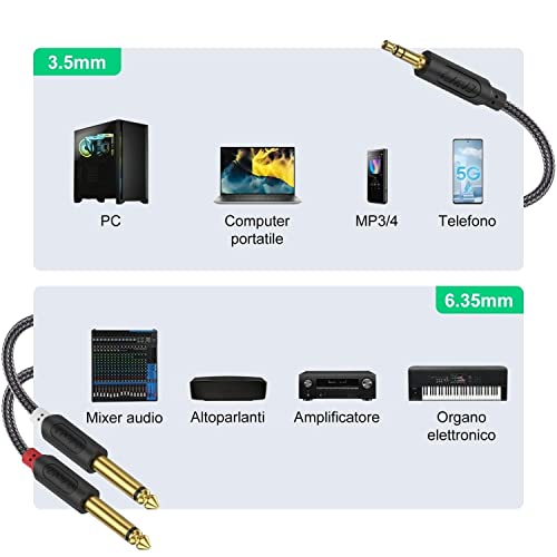 J&D 3,5 mm to 2 x 6,35 mm Cavo, Oro-Placcato