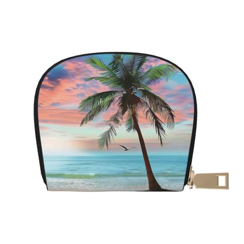 Coconut Palm Tree Sandy Beach Printed Card Wallet for Women Men Cute Zipper Card Cases Holder Mini Coin Purse with 12 Card Slots