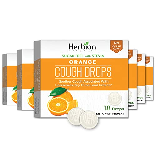 HERBION Naturals Cough Drops Sugar-Free with Stevia Dietary Supplement Soothes Cough for Adults & Children Over 6 Years 18 Drops Each 108 Count Orange Pack of 6
