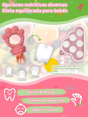 ORAGKE Chupete Fruta Bebe con 3 Tetinas de Silicona sin BPA, Chupetes y Recipiente Bandejas Congelar Comida con Tapas para Alimentacion Complementaria Bebe Denticion, Leche Materna, 4 Meses+ (Rosa) - imagen 2