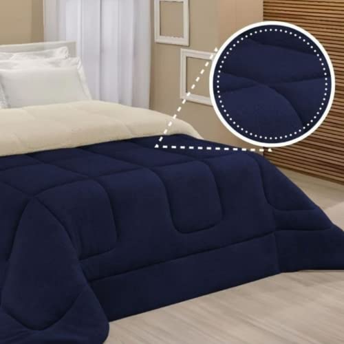 Edredom Sherpa Cobertor E Coberdrom Casal Queen Grosso (Azul Marinho)