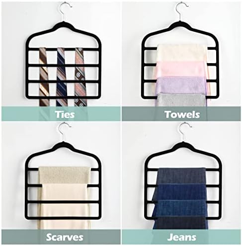 Velvet Trouser Hanger Space Saving Non-Slip Pants Hanger - Jeowoqao 3 Pack Jeans Hangers Multi Bar Velvet Clothes Hanger Closet Storage Organizer for Trousers Scarf Belts Ties Towel (Black)