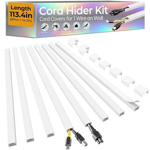 113.4in Cord Hider Kit, Cord Covers for 1 Wire on Wall, Self-Adhesive Cable Hider Wire Covers for Cords on Wall, Paintable Cord Hider for Walls Mount Tv, Cable Cover Raceway, W0.59 H0.4in, White