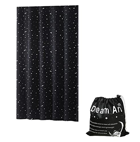 Image of DREAM ART Anywhere Temporary Portable Blackout Curtain/Adjustable Blackout Shades Blinds with Suction Cups for Bedroom or Travel Use,Silver Moon& Star Foil Print Black Curtain,1 pc W51xL71Inch