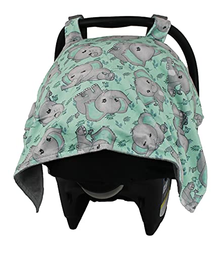 Image of Dear Baby Gear Car Seat Cover for Boys & Girls - Baby Carseat Canopy w /Snap Opening - Infant Seat Cover - Nursing Covers - Newborn Carrier Canopy - 40x30 (Gray Elephants on Mint Foliage - Gray)