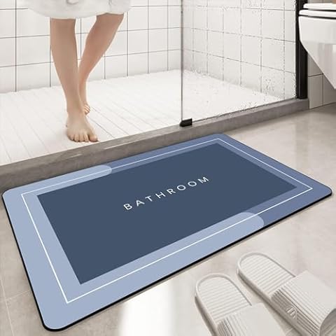 Diatomaceous earth bath mat Rubber Non Slip Shower mat Quick Dry Super Absorbent Bathtub mat Bath Stone Mat - Thin Bath Mats for Bathroom Floor, Tub and Fit Under Door,15.7" x 31.4" Rectangle, Blue Cover
