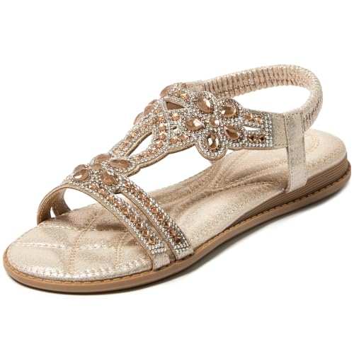 Image of iCKER Womens Rhinestone Strappy Flat Sandals Elastic Ankle Strap Open‑Toe