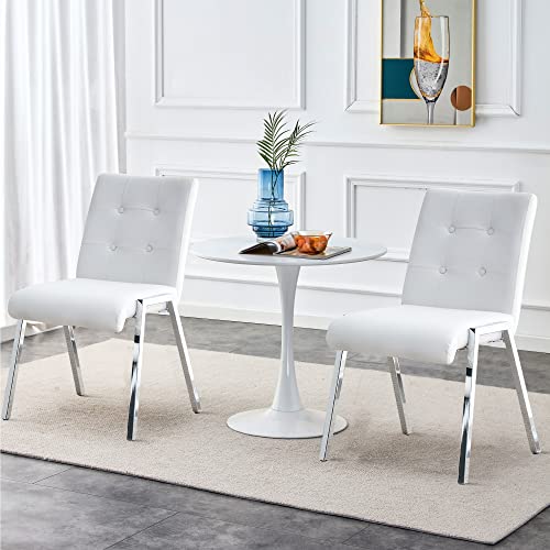 Memuy Modern Ding Chairs Button Tufted Office Chair Set Of 2 Living Room Armless Chairs With Metal Leg Pu Leather Accent Upholstered Bedroom Chairs For Restaurant Cafe Bars (White) #TOP6