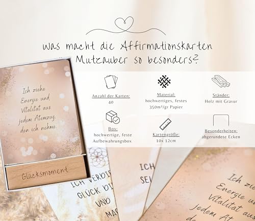 Mutzauber® 40 Affirmationskarten inkl. Box + Holzständer 10x12cm Motivationskarten Achtsamkeit für Erwachsene für positive Gedanken, Selbstliebe, FSC-zertifiziert (Motivation & Positivität)