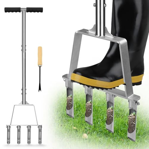 Qdreclod Aireador de Césped Manual de 4 Púas de Acero Inoxidable, Aireador de Césped con Mangos de T, Herramienta de Jardinería para Descompactar Suelo Duro, Arcilla y Césped Artificial