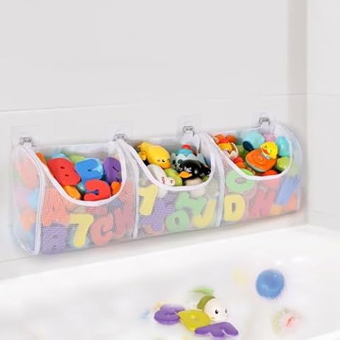 DOCMON Bath Toy Storage, Large Capacity 3 Compartments Bathtub Toy Storage, Opening Bath Tub Toy Holder Organizer, Mesh Shower Caddy for Kids Baby Bathroom Toy Cover