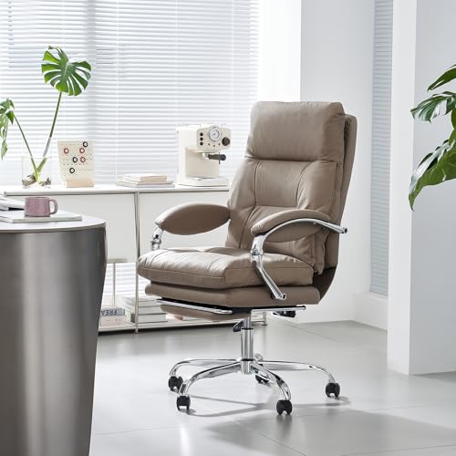 Image of LEAGOO Office Chair with Foot Rest, Executive Reclining Office Chairs with Arms, Ergonomic High Back PU Leather Comfy Swivel Computer Desk Chairs with Wheels and Lumbar Support for Home Office, Tan