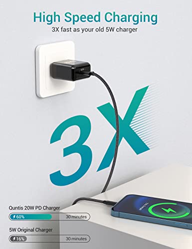 iPhone Fast Charger Block and Cord, Quntis 20W iPhone High Speed Charger Type C Rapid Charger Plug with 6FT USB C to Lightning Cable for iPhone 14 13 Mini Pro Max 12 11 XS XR X iPad AirPods, Black