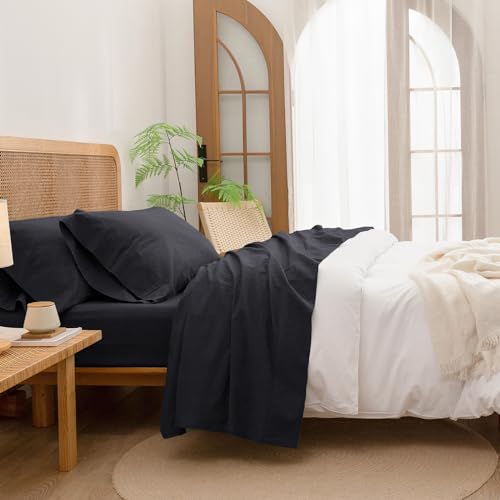 BESTOUCH Twin Washed Cotton Linen Feel Sheet Set 3pc Deep Black by BESTOUCH - Used condition - US$54.39