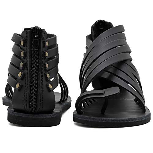 Size 8 Black Emmanuela Greek Leather Toe Ring Sandals, Quality Handmade Zipper Summer Shoes For Women, Gladiator Slip On Sandals, Dressy Chic Strappy Sandals #TOP6