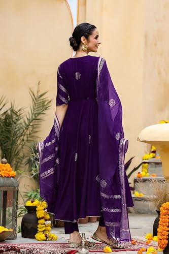 Image of GoSriKi Women's Cotton Blend Printed Anarkali Kurta with Pant & Dupatta | Ethnic Wear for Women | Indian Casual Office Daily Summer Outfit