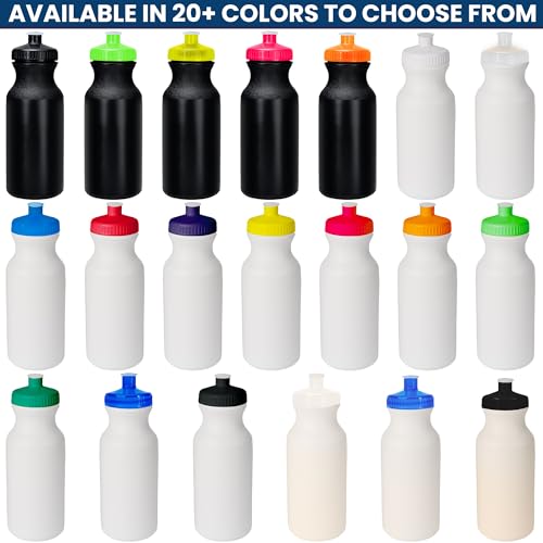 CSBD 20 oz. Bulk Water Bottles, Made in USA, Blank Plastic Reusable Water Bottles for Gym, Cycling, BPA Free, Plastic Water Bottles Pull Top Cap for Sports, White Bottle/Blue Lid - 10 Pack
