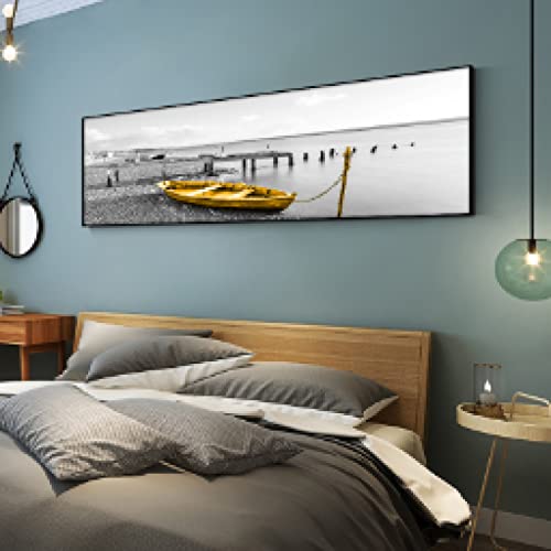 Toile peinture bateau pont en bois noir et or naturel tableau deco salon moderne 30x90cm