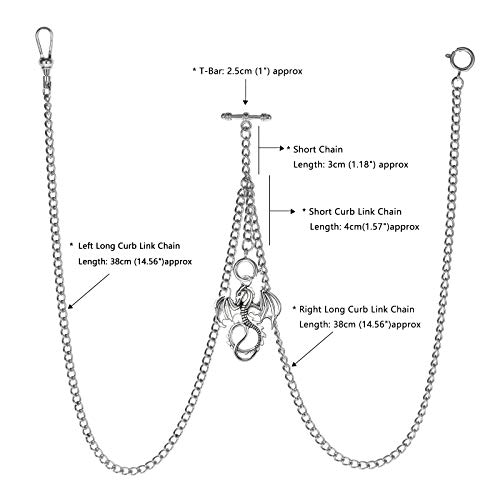 Treeweto Men's Double Albert Chain Pocket Watch Curb Link Key Chain 3 Hooks With Antique Dragon Silver Pendant Design Charm Fob T Bar #TOP2