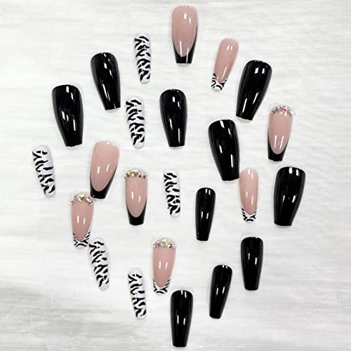 Square Press On Nails Medium Length Black Fake Nails French Tip False Nails With Rhinestone Designs Cow Print Acrylic Nails Nude Full Cover Stick On Nails Glossy Glue On Nails For Women 24Pcs #TOP2