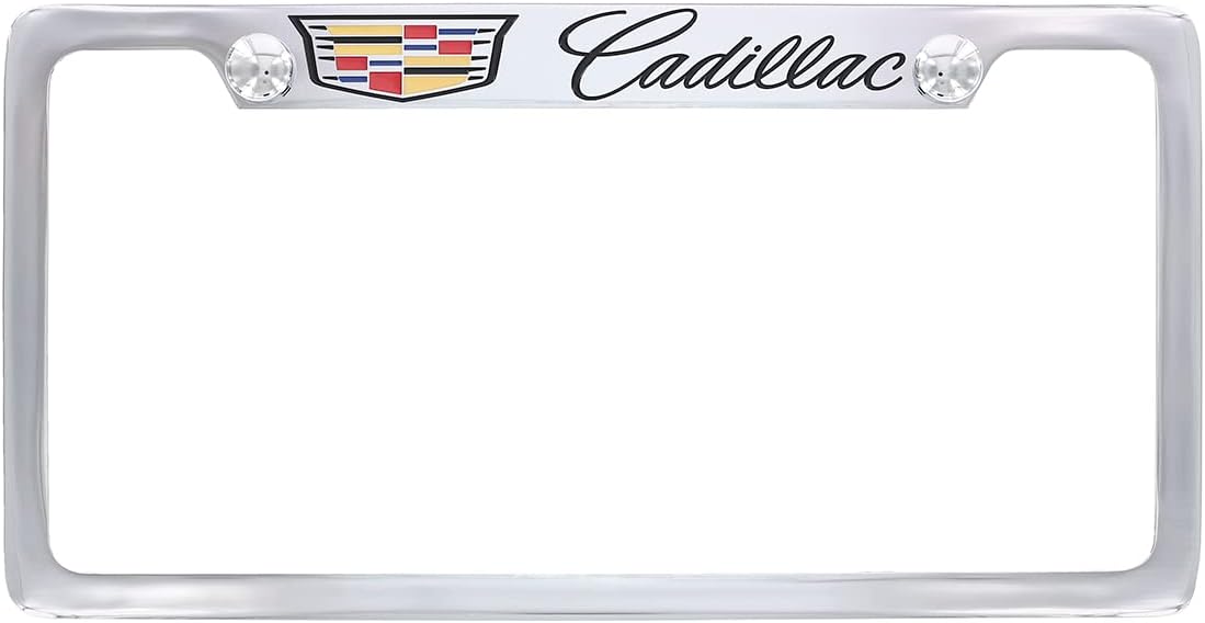 Cadillac with Crest Metal License Plate Frame Tag Holder - Chrome Plated