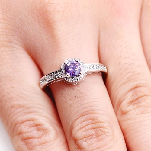 Half Eternity Halo Rings for Women - Platinum Plated Black Purple Cubic Zirconia Crystal Promise Anniversary Ring Size 6 7 8 9 Y012