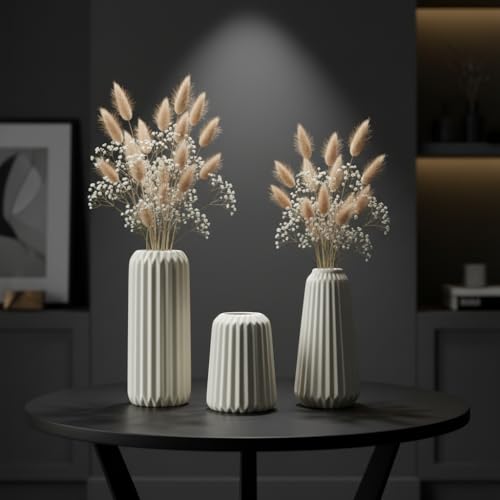 Image of PUREZENTO 'Flute Ribbed' White Ceramic Vase - Set of 3 | Decorative Flower Vase for Modern Home Decor, Living Room, Bedroom, Table & Shelf | Vases for Pampas Grass, Fresh, Dried & Artificial Flowers