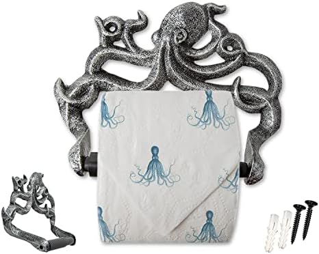 Decorative Cast Iron Octopus Toilet Paper Roll Holder – Wall Mounted Octopus Décor for Bathroom – Kraken, Nautical Bathroom Accessories – Included Screws and Anchors - Silver & Black