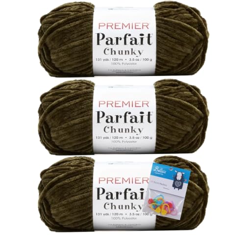 Image of Premier Yarns Parfait Chunky Chenille 3.5 Oz Super Bulky Weight 3 Pack Bundle with Bella's Stitch Place Holders (Dark Olive)