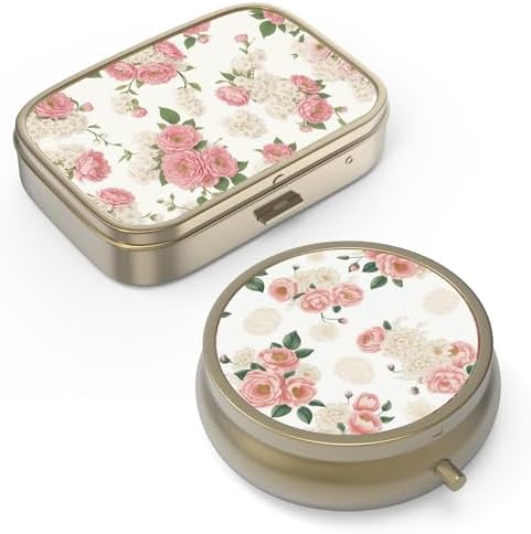 Pill Organizer Pill Box with Mirror Retro Small Pill Case for Purse or Pocket Bronze Pill Box or Vitamins, Fish Oil, Supplements, Pill Containe Travel Gifts(2PCS-Retro Pink Floral)