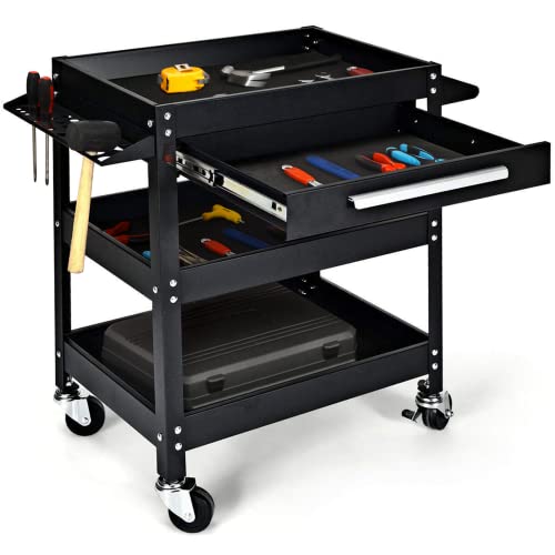 ARNOT 3 Tier Rolling Tool Cart, Heavy Duty with Drawers, Perfect for Garage & Repair Shop, Black