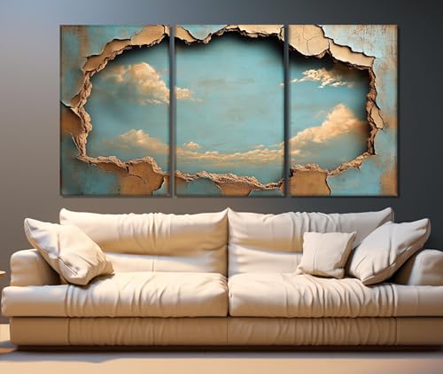Peinture sur toile 60x90 art contemporain rétro décoration nuages 3 pièces