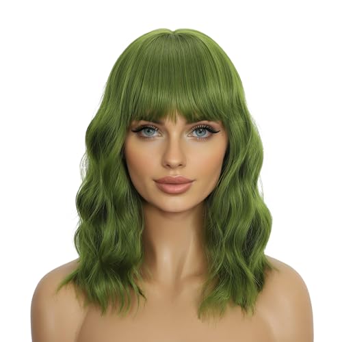 Mxayhnajxl Green Wigs with Bangs for Women 14 Inch Short Wavy Bob Wigs With Bangs Synthetic Bob Wig Curly Wig Heat Resistant Colorful Wavy Wig Cosplay Wigs For Daily Party Halloween